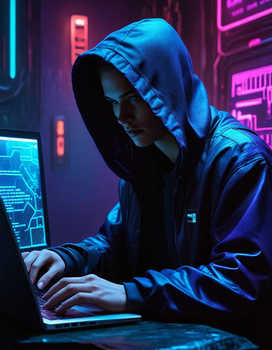 A dark, mysterious landscape depicting a shadowy figure cloaked in a hooded jacket, browsing the web on a sleek laptop in a dimly lit room. Surrounding the scene are elements symbolizing online security, like locked padlocks, shields, and encrypted codes floating in the air. The atmosphere is moody and atmospheric, with hints of blue and purple neon lights reflecting the surreal journey of incognito browsing. cyberpunk. super-realistic. vibrant colors.