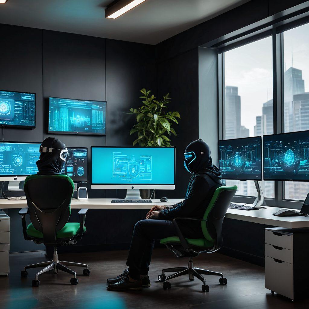 A person sitting comfortably in a modern workspace, surrounded by digital devices and gadgets, wearing a sleek mask symbolizing anonymity. The screen displays digital locks, firewalls, and privacy icons while a serene cityscape is visible through the window, emphasizing tranquility and security. The atmosphere is warm with glowing blue and green accents, conveying a sense of trust and safety in the digital world. super-realistic. vibrant colors. modern style.